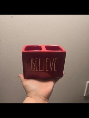 Rae Dunn Red 'BELIEVE' Ceramic Toothbrush Holder